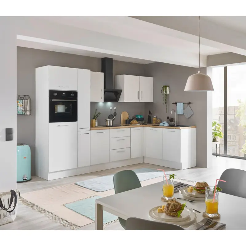 Eckk&uuml;che 300/165 cm in Wei&szlig;, Eiche Artisan