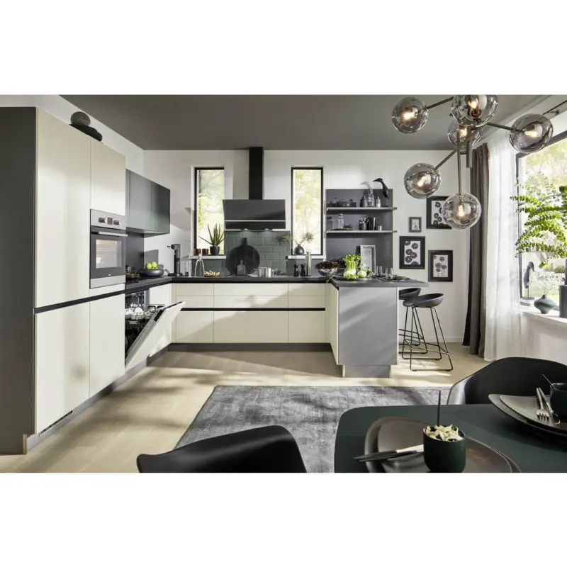 Eckk&uuml;che in Anthrazit, Dunkelgr&uuml;n, Magnolie