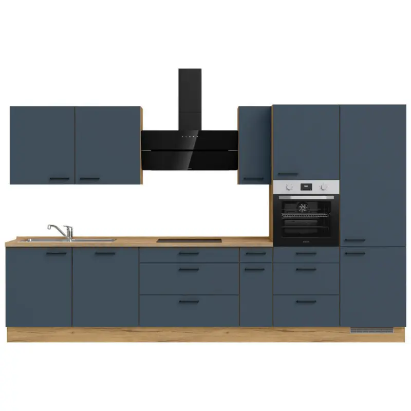 K&uuml;chenblock 360 cm in Eichefarben, Dunkelblau