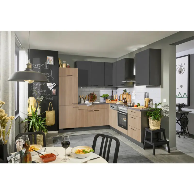 Eckk&uuml;che 225/245 cm in Graphitfarben, Eichefarben