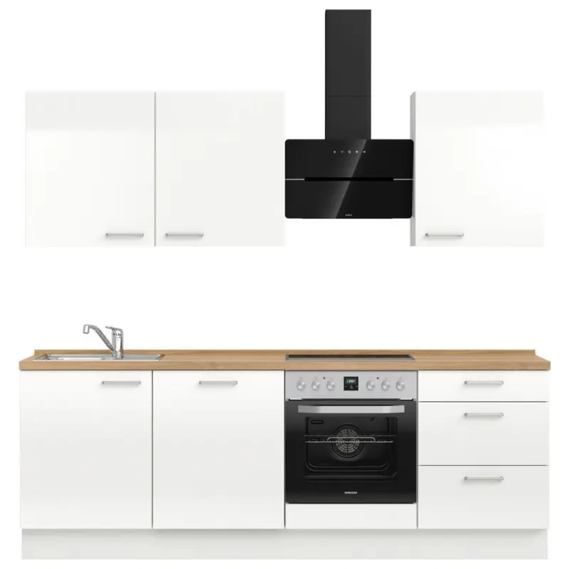 K&uuml;chenblock 240 cm in Eichefarben, Wei&szlig; Hochglanz