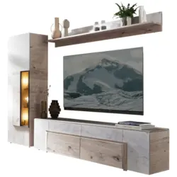 Wohnwand 3-teilig in Wei&szlig;, Eichefarben 288/194/44,6 cm