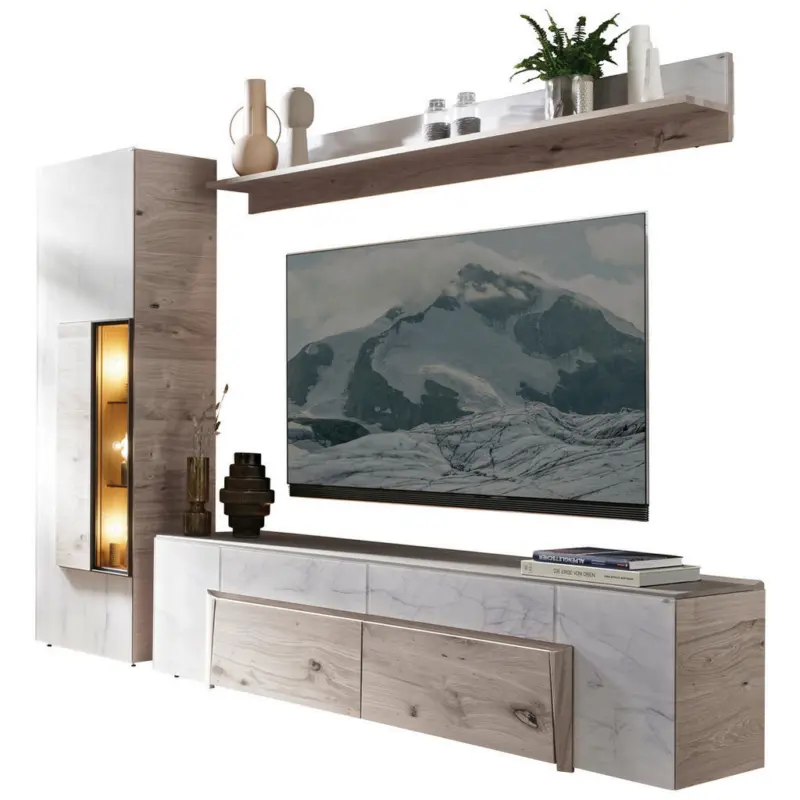 Wohnwand 3-teilig in Wei&szlig;, Eichefarben 288/194/44,6 cm