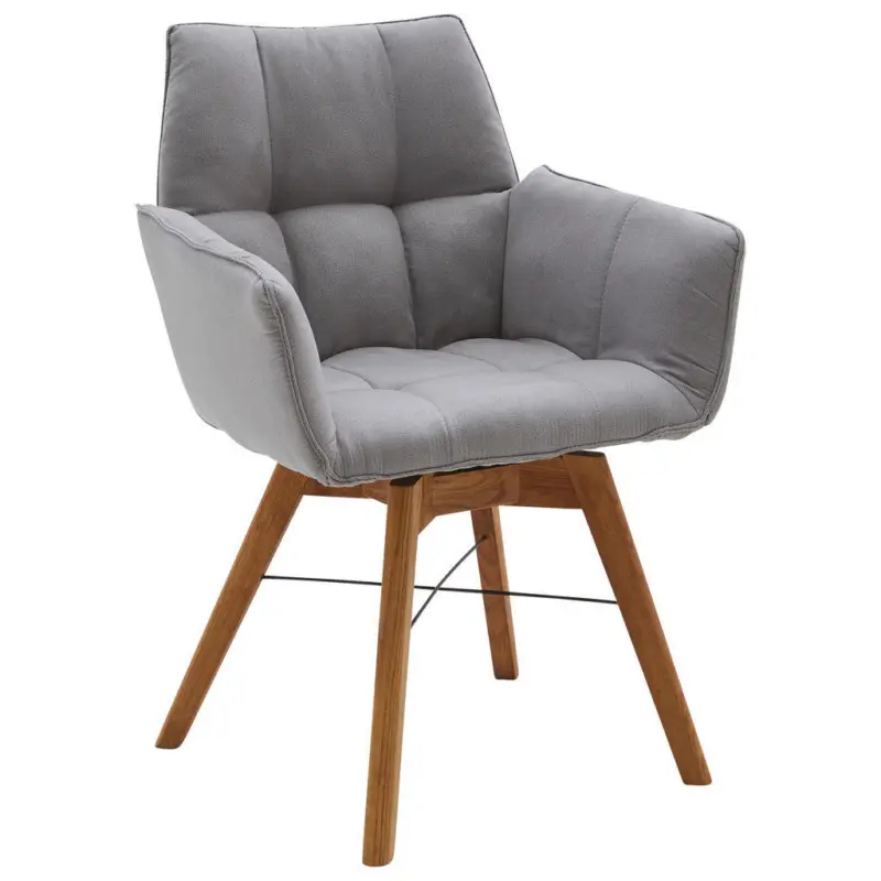 Armlehnstuhl in Holz, Textil Eichefarben, Hellgrau