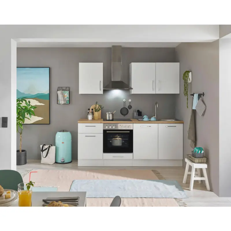 K&uuml;chenblock 210 cm in Wei&szlig;, Eiche Artisan