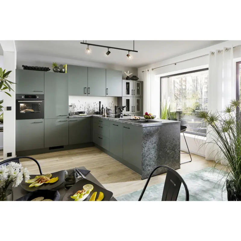 K&uuml;chenleerblock 390 cm in Gr&uuml;n, Schieferfarben