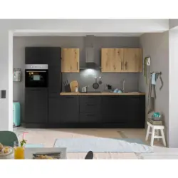 K&uuml;chenblock 310 cm in Schwarz, Eiche Artisan