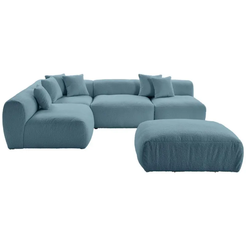 Ecksofa inkl. Hocker Bloom in Flachgewebe, Teddystoff Blau 215/300 cm