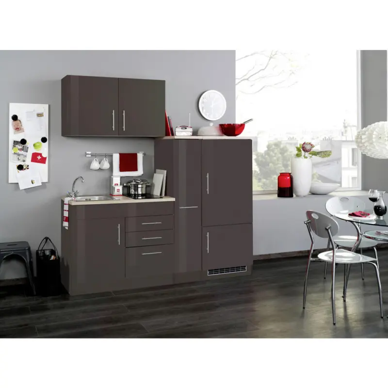 K&uuml;chenblock 190 cm in Graphitfarben, Grau Hochglanz