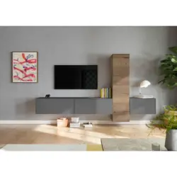 Wohnwand in Grau, Eichefarben 282/160/37 cm