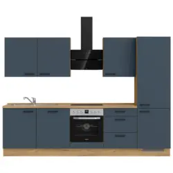 K&uuml;chenblock 300 cm in Eichefarben, Dunkelblau