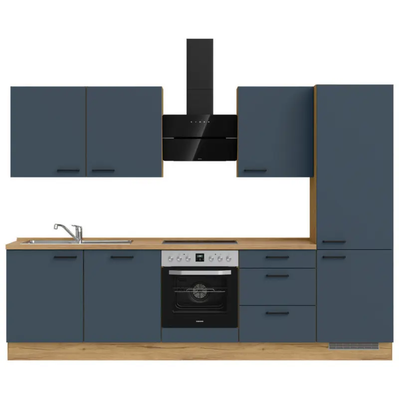 K&uuml;chenblock 300 cm in Eichefarben, Dunkelblau