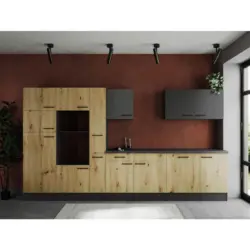 K&uuml;chenleerblock 370 cm in Grau, Eiche Artisan