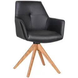 Armlehnstuhl in Holz, Leder Schwarz, Eichefarben