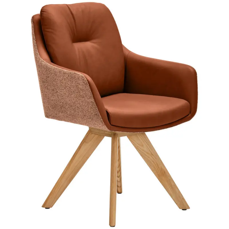 Armlehnstuhl in Holz, Textil, Leder Haselnussfarben, Cognac, Wildeiche