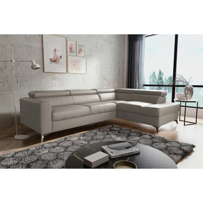 Ecksofa Mondo in Lederlook Echtleder Hellgrau 286/208 cm