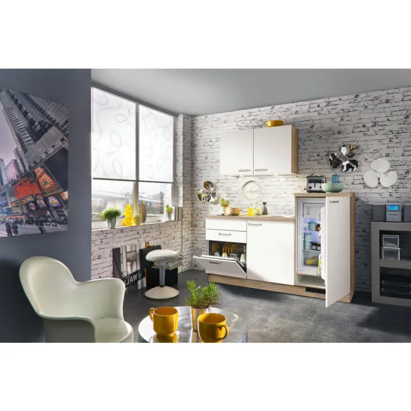 Minik&uuml;che 180 cm in Wei&szlig;, Eichefarben