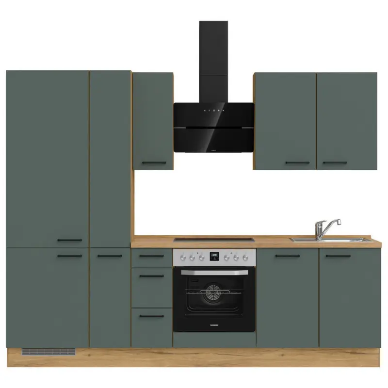 K&uuml;chenblock 270 cm in Eichefarben, Dunkelgr&uuml;n
