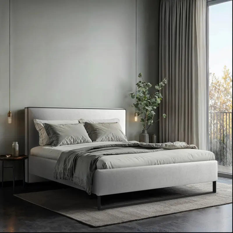 Polsterbett gepolstertes Kopfteil, Lattenrost, Bettkasten Naturfarben 140/200 cm