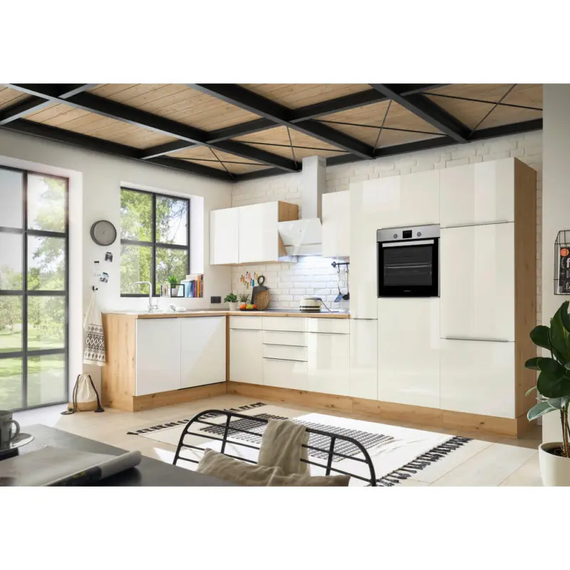 Eckk&uuml;che 170/370 cm in Eiche Artisan, Wei&szlig; Hochglanz