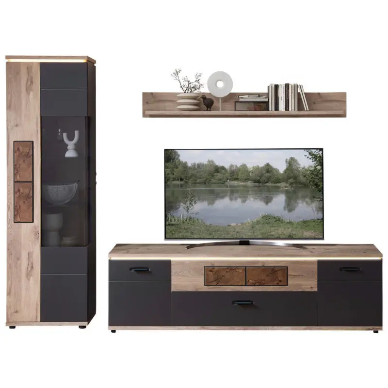 Wohnwand in Graphitfarben, Eichefarben 275/202/47 cm