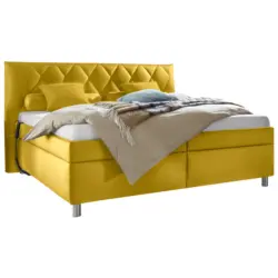 Polsterbett Matratze, gepolstertes Kopfteil, Lattenrost, Bettkasten, motorische Verstellbarkeit Gelb 160/200 cm