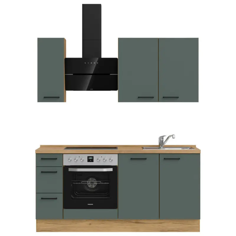 K&uuml;chenblock 180 cm in Eichefarben, Dunkelgr&uuml;n