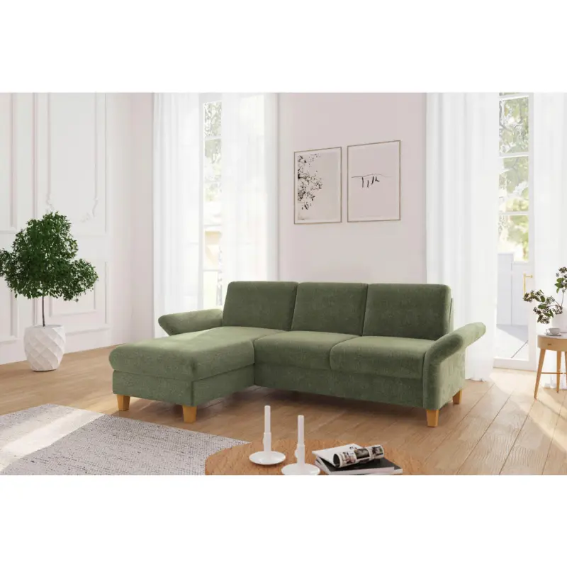 Ecksofa Rochelle E in Flachgewebe Hellgr&uuml;n 164/251 cm