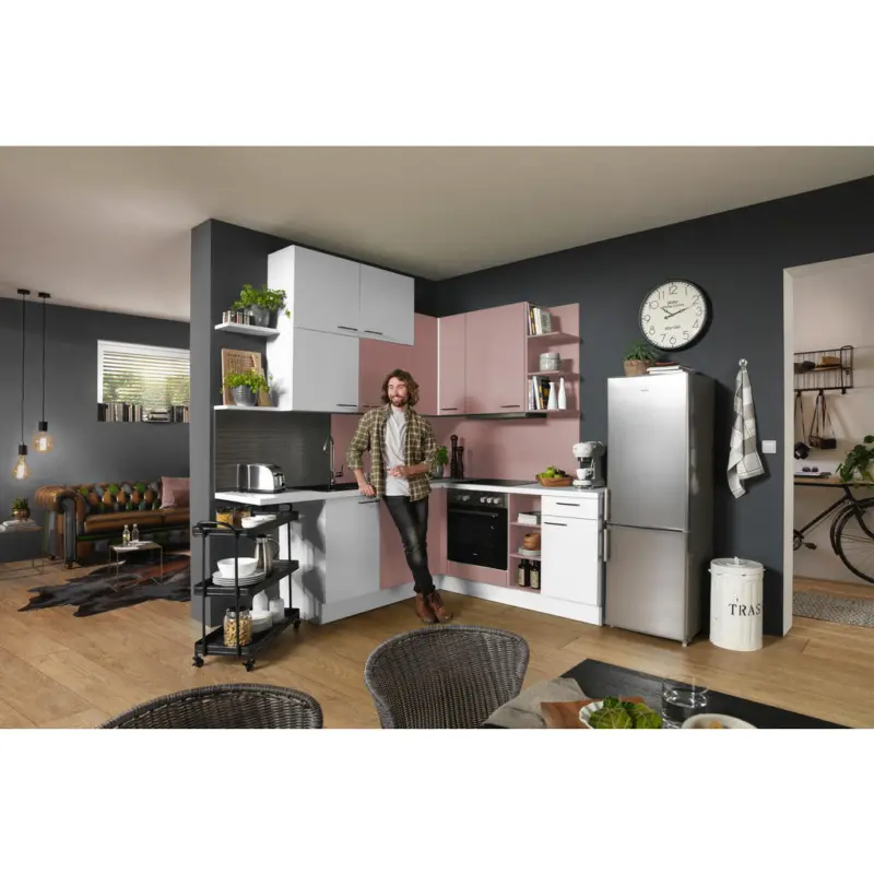 Eckk&uuml;che 220/260 cm in Rosa, Wei&szlig;