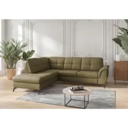 Ecksofa Zora E in Vliesstoff Kombination Echtleder/Stoff Olivgr&uuml;n 212/244 cm