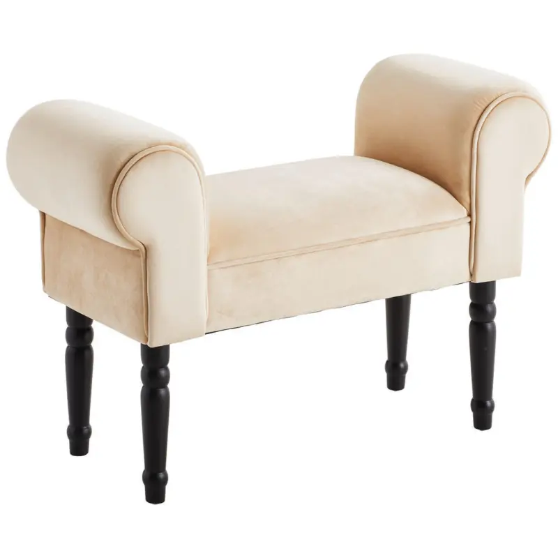 Hocker in Holz, Textil Schwarz, Beige