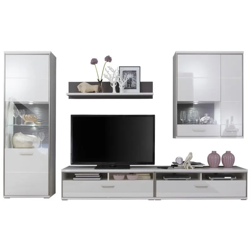 Wohnwand in Grau, Silberfarben, Wei&szlig; 321/201/52 cm