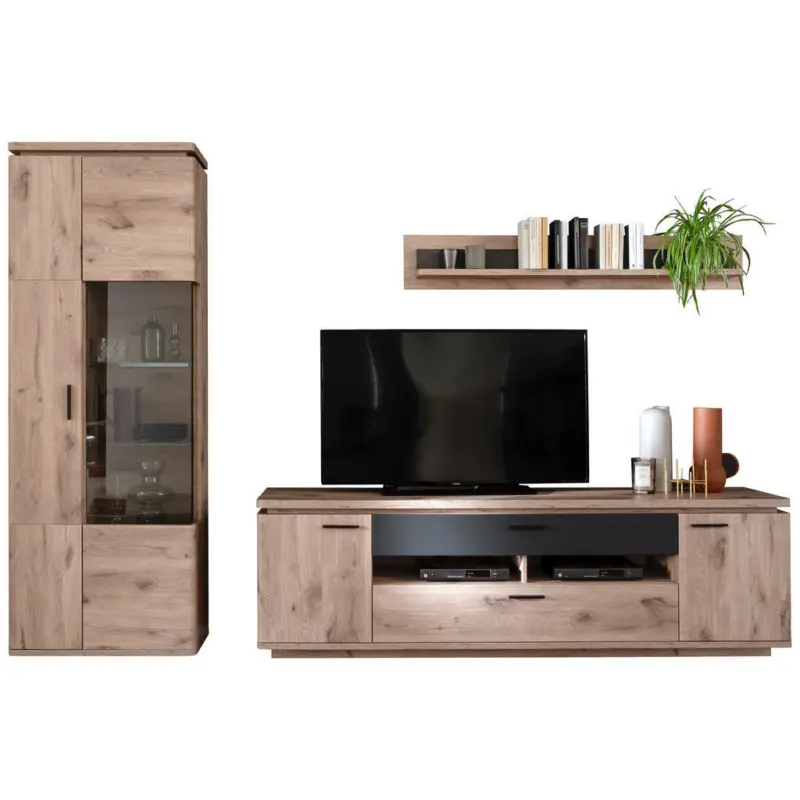 Wohnwand 3-teilig in Anthrazit, Eiche dunkel 295/208/50 cm