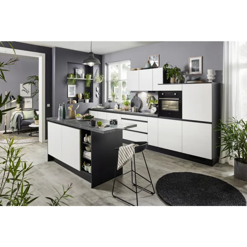 K&uuml;chenblock 390,2/184,1 cm in Schwarz, Wei&szlig;