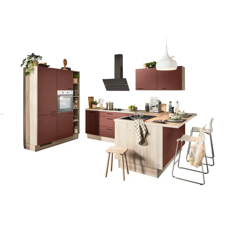 Eckk&uuml;che in Rot, Tannenholzfarben