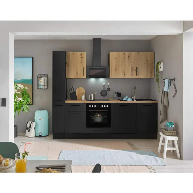 K&uuml;chenblock 250 cm in Schwarz, Eiche Artisan