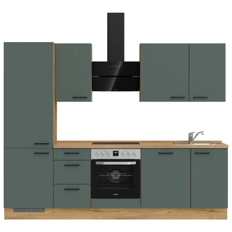 K&uuml;chenblock 270 cm in Eichefarben, Dunkelgr&uuml;n
