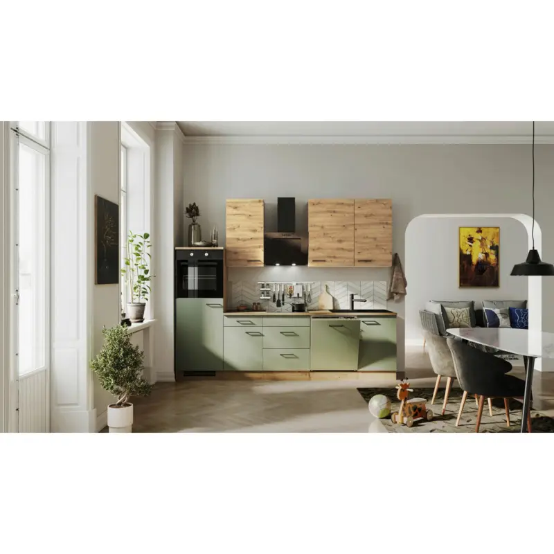 K&uuml;chenblock 280 cm in Eiche Artisan, Schilfgr&uuml;n