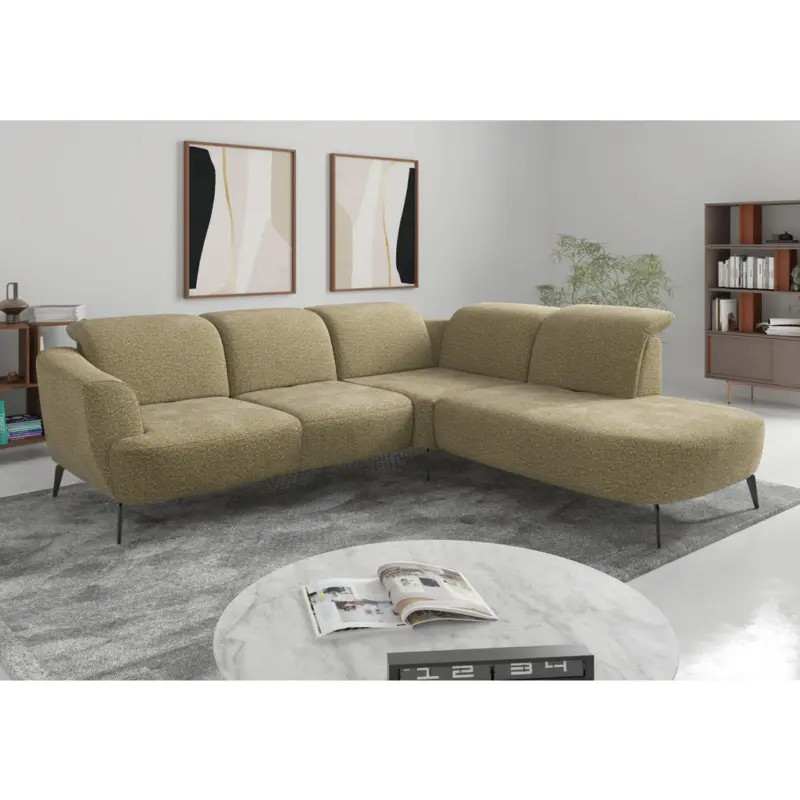Ecksofa ZOE E in Chenille Olivgr&uuml;n 300/267 cm