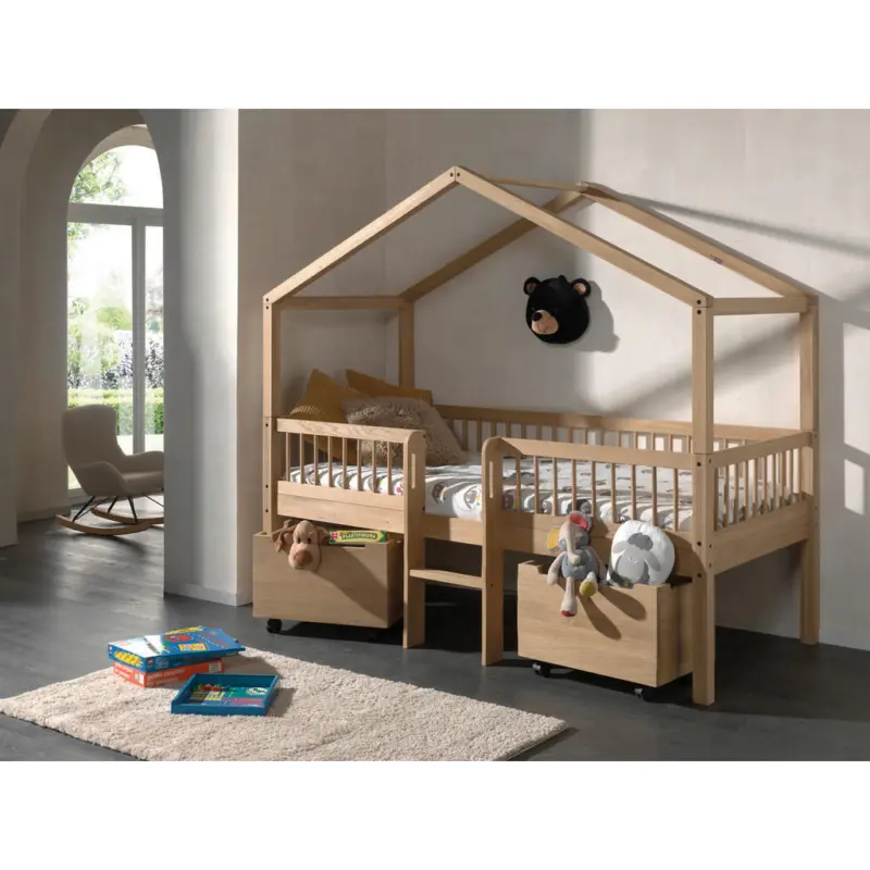 Hausbett Absturzsicherung, Leiter, Rollrost, Bettschublade 90/200 cm in Eichefarben