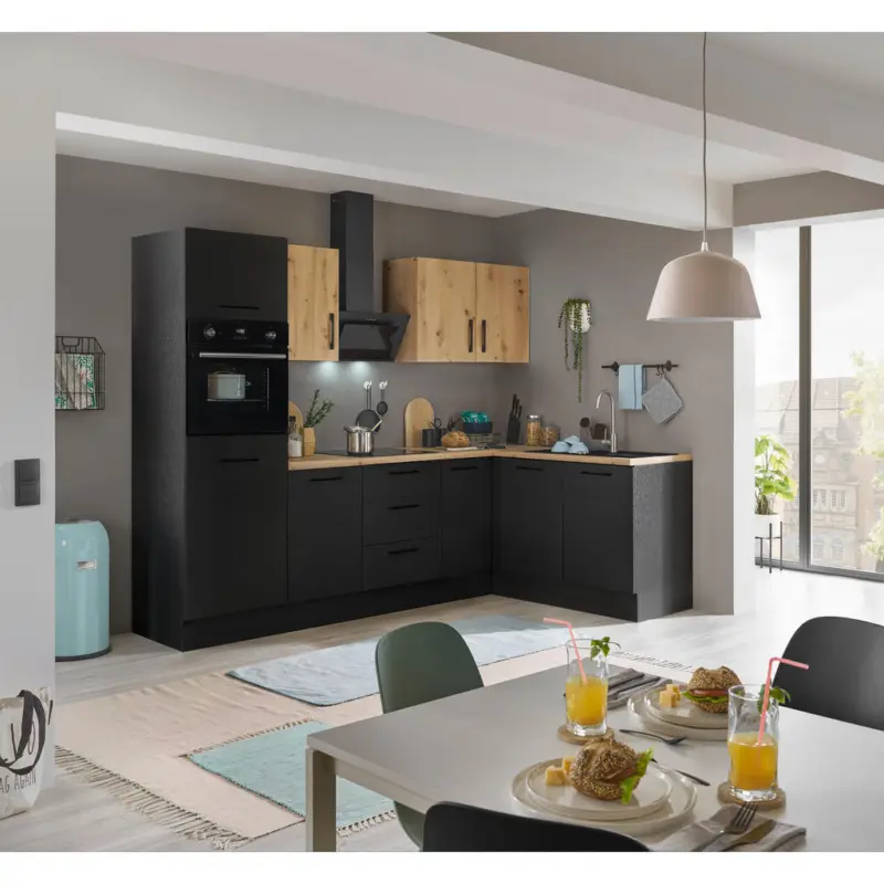 Eckk&uuml;che 270/165 cm in Schwarz, Eiche Artisan