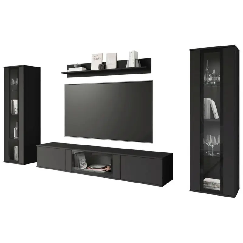 Wohnwand 4-teilig in Schwarz 262/141,9/33 cm