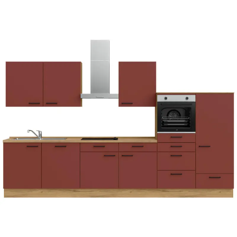 K&uuml;chenblock 360 cm in Eichefarben, Dunkelrot