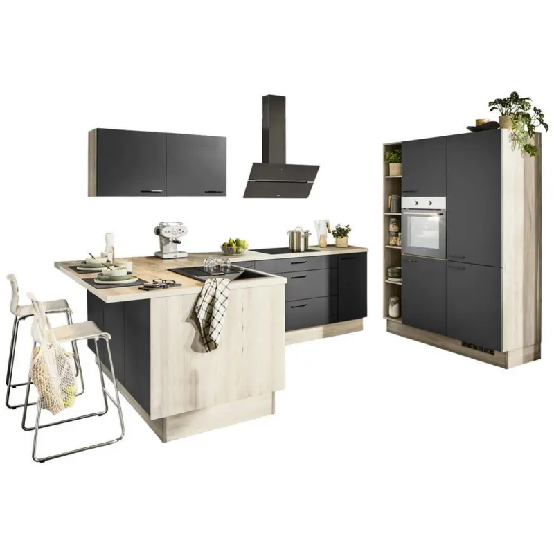 Eckk&uuml;che in Graphitfarben, Tannenholzfarben