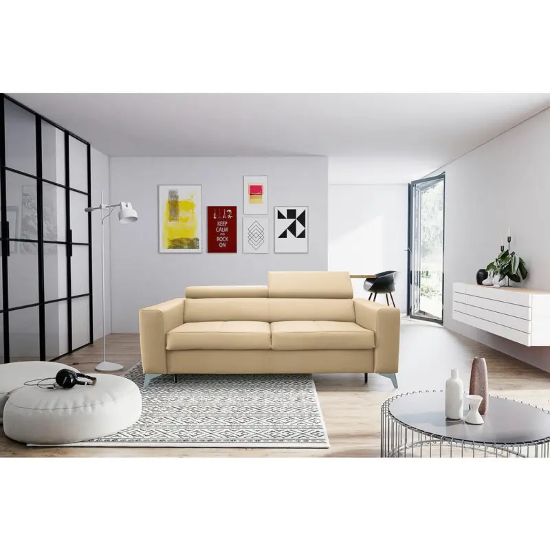 Schlafsofa Mondo in Lederlook Echtleder Beige Modern, Landhaus, Industrial