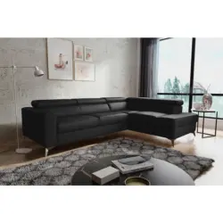 Ecksofa Mondo in Lederlook Echtleder Schwarz 286/208 cm