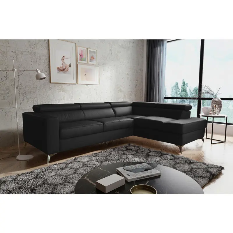 Ecksofa Mondo in Lederlook Echtleder Schwarz 286/208 cm