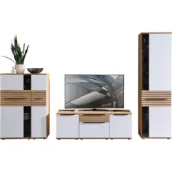 Wohnwand in Wei&szlig;, Eichefarben 330/215/45 cm