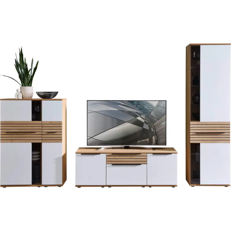 Wohnwand in Wei&szlig;, Eichefarben 330/215/45 cm