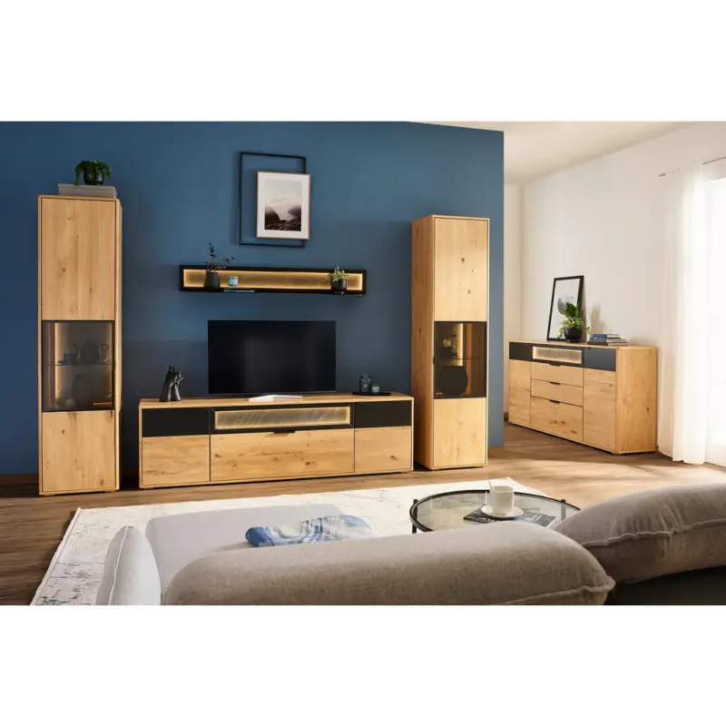 Wohnwand in Schwarz, Eiche Bianco 320/197,6/42 cm